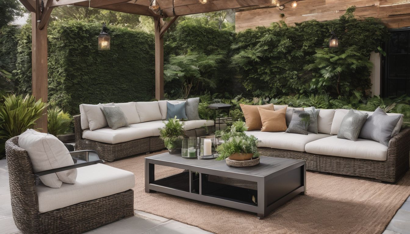 A modern outdoor patio with stylish furniture and lush plants.