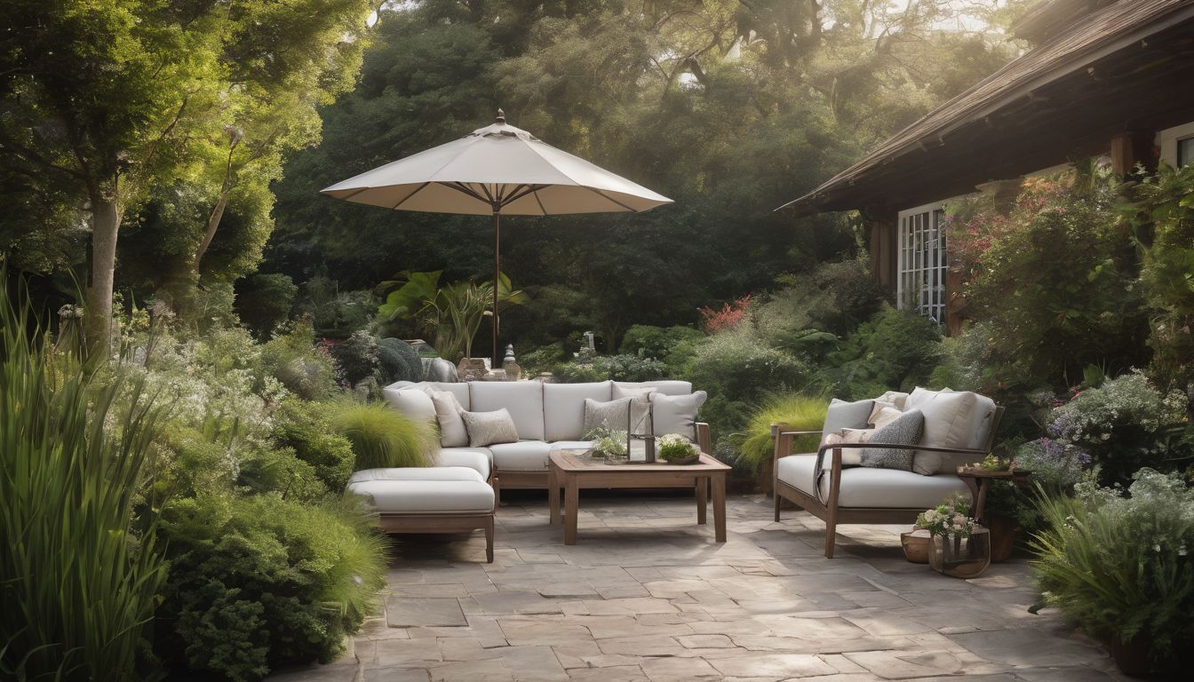 A serene garden with an elegant patio set surrounded by greenery.