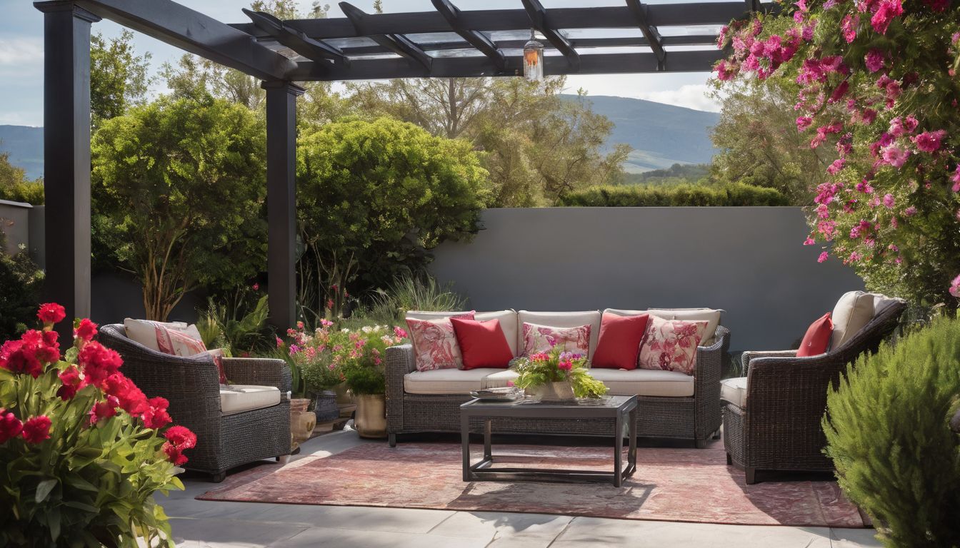 A vibrant patio with stylish furniture surrounded by blooming flowers.