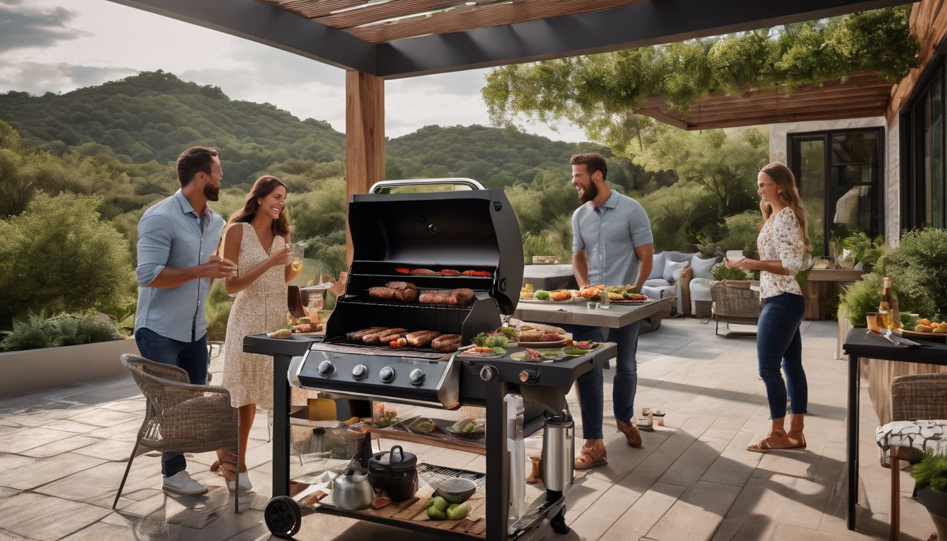 A diverse family gathers in a stylish patio for a barbecue.