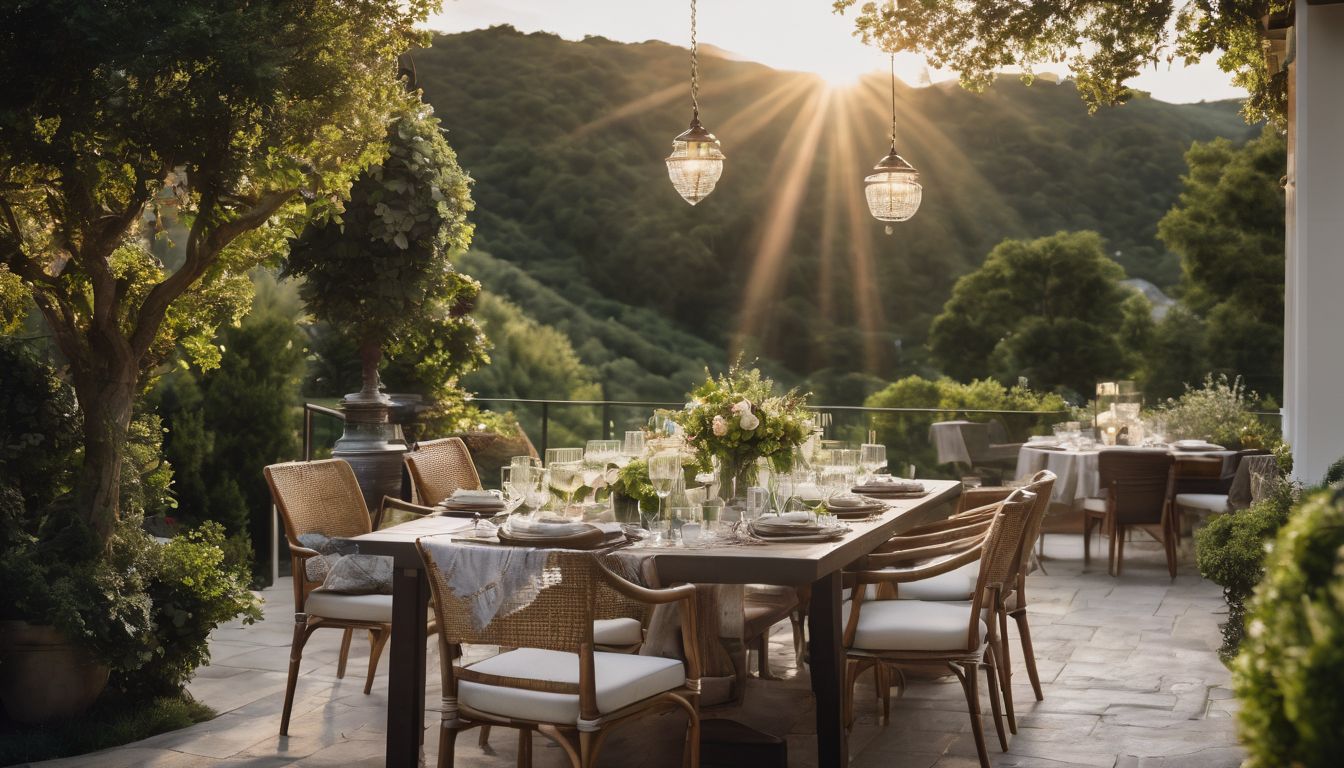 An elegant outdoor dining setup surrounded by lush greenery.