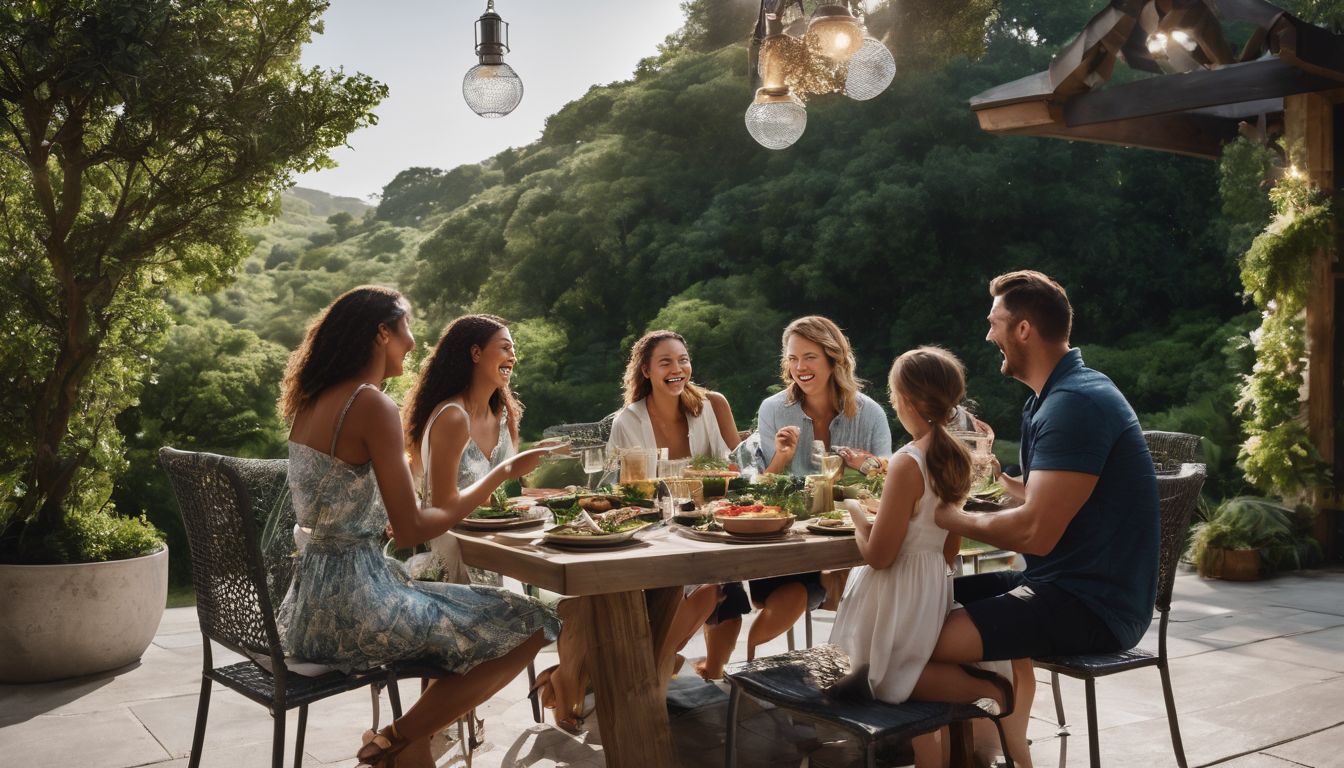 A family enjoying a meal on a patio surrounded by greenery.