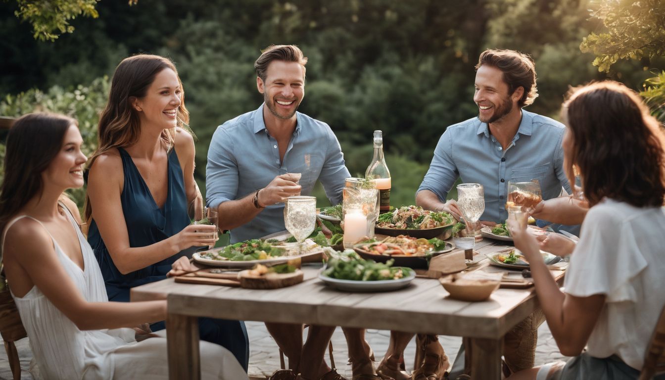 A family enjoys an outdoor meal on their aluminum patio surrounded by greenery.