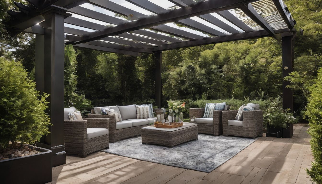 A photo of a patio furniture set under a lush pergola.