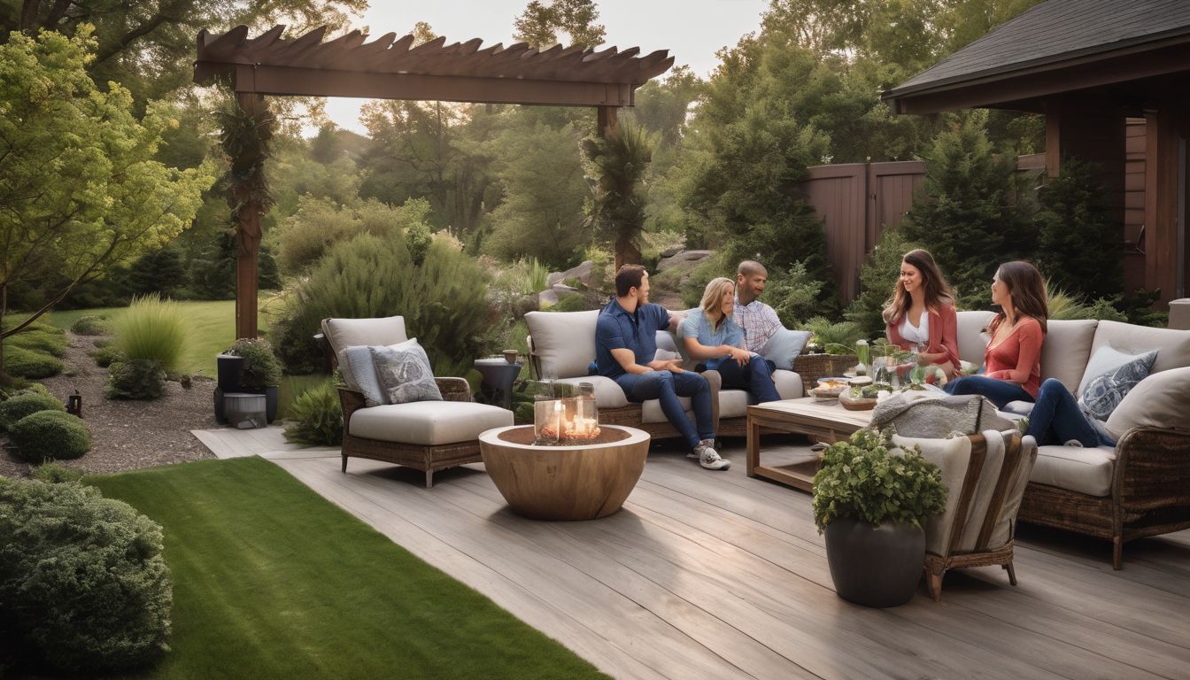 A family enjoys a beautifully decorated aluminium patio amidst lush greenery.