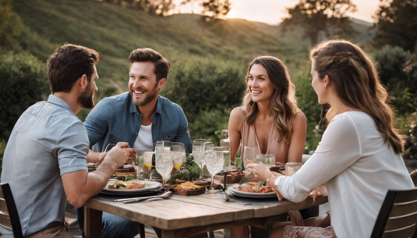 A diverse family gathers for a meal on a stylish outdoor patio.