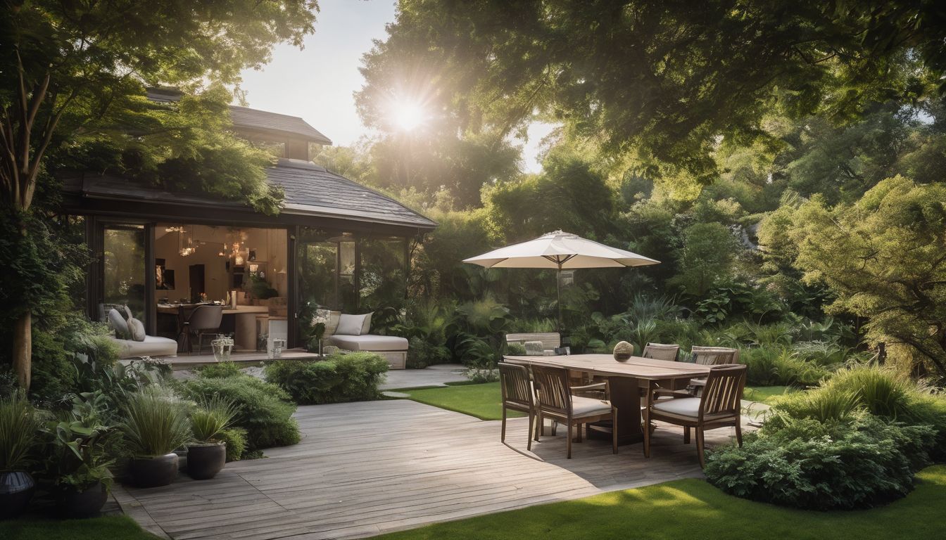 A photo of a peaceful garden with a variety of people and plants.