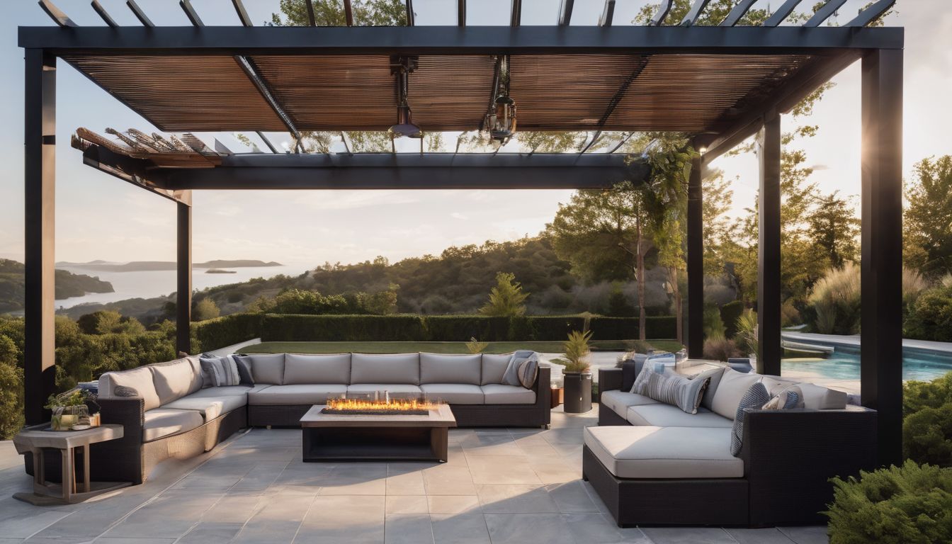 Stylish outdoor patio with modern furniture and bustling atmosphere.