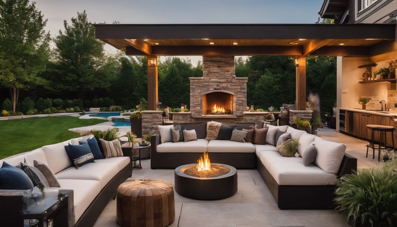 A luxurious outdoor patio surrounded by stylish furniture and lush greenery.