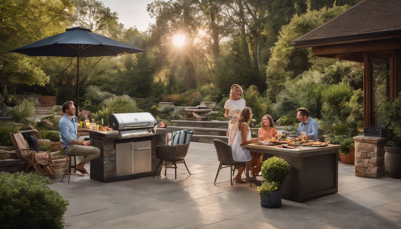 A family enjoys a barbeque on a beautifully designed patio.