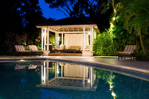 gazebo and swimming pool at dusk.