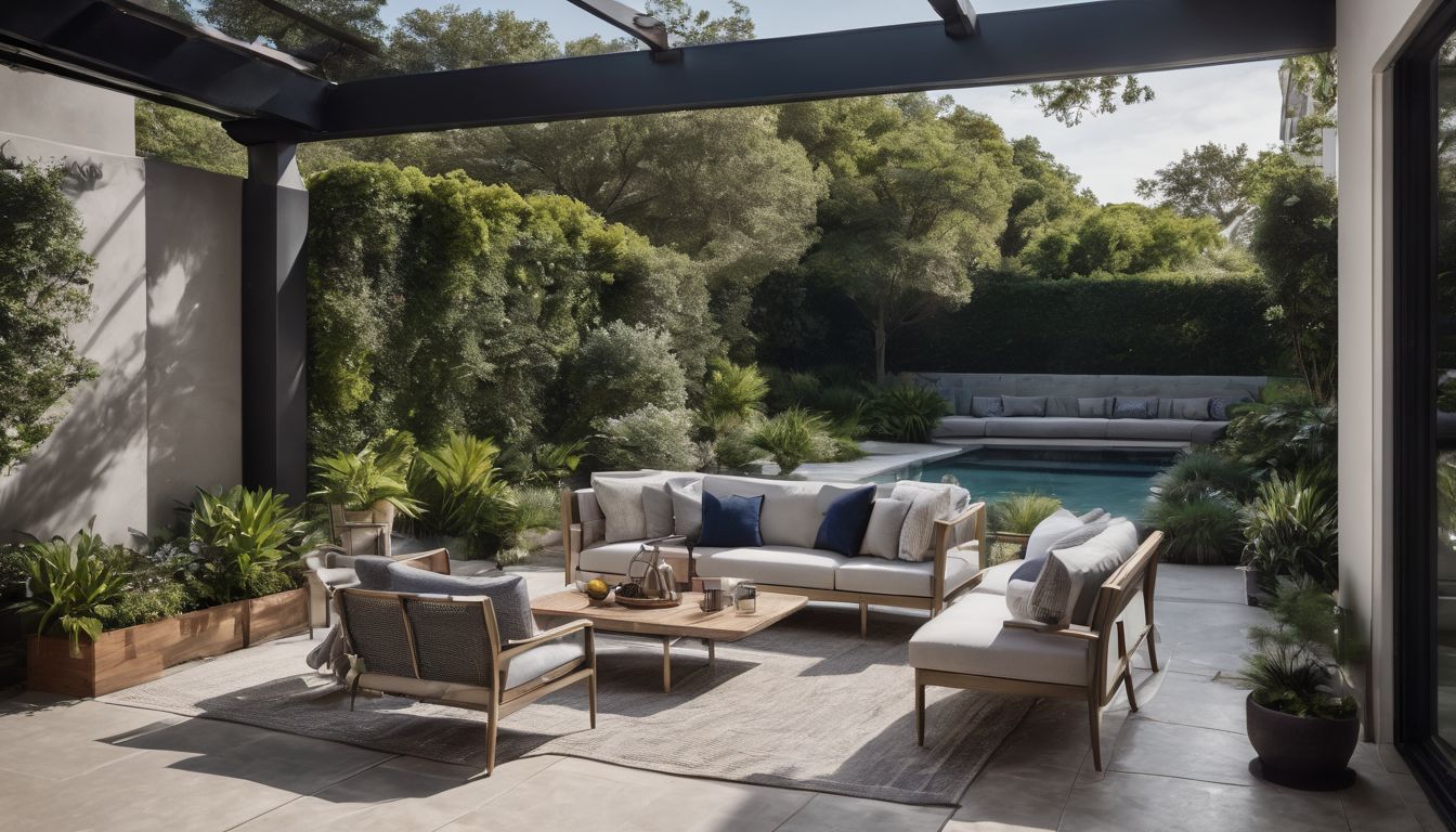 A modern patio surrounded by greenery and sleek furniture.