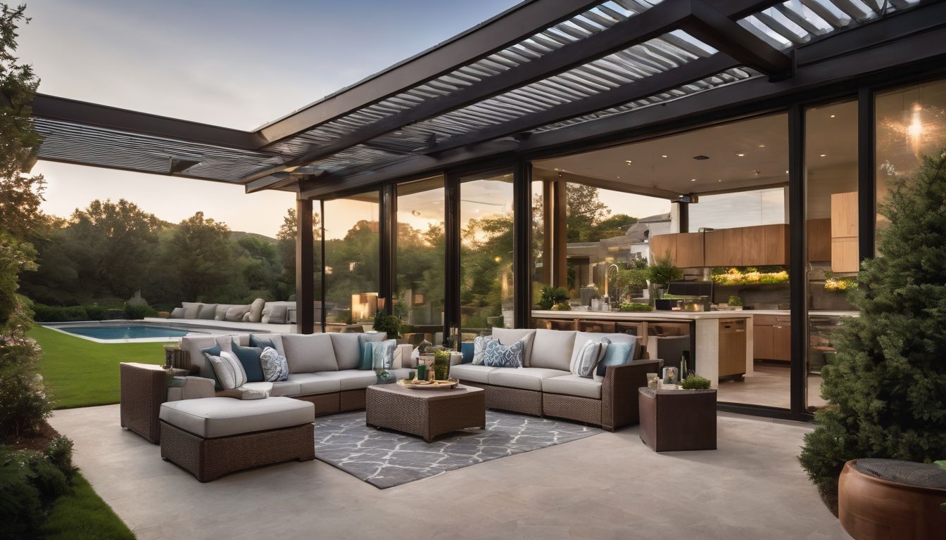 A family enjoying a modern, comfortable patio with a landscaped garden.