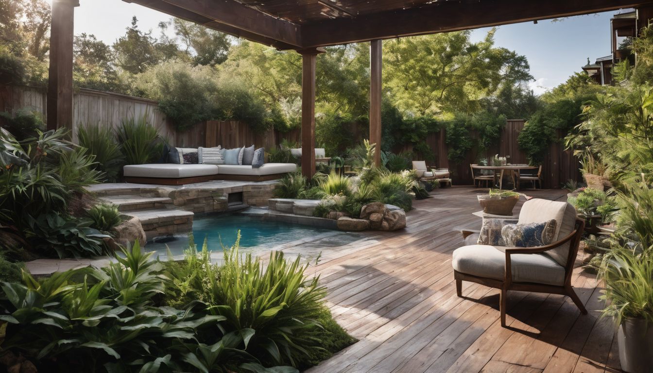 A beautifully designed backyard patio surrounded by lush greenery.