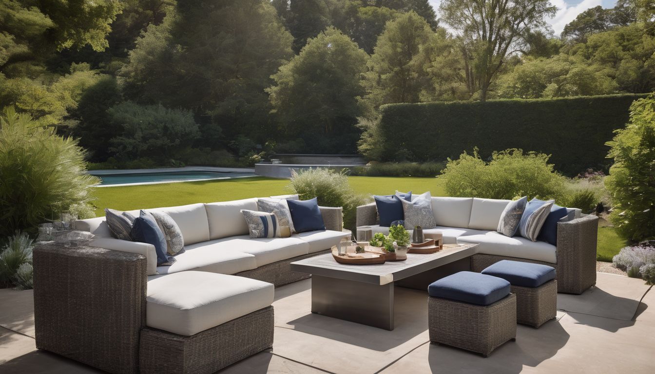 A stylish outdoor patio arrangement with modular aluminium furniture in a lush garden.