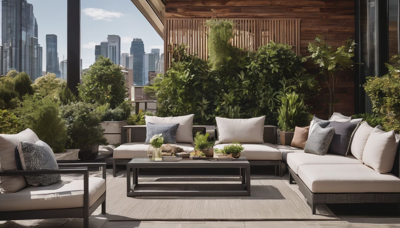 A stylish outdoor patio with modern furniture and lush greenery.