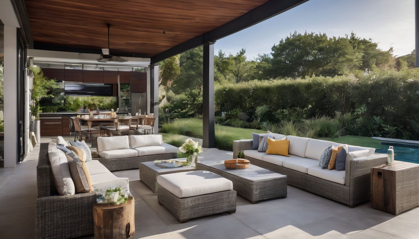 A modern outdoor living area surrounded by lush greenery and people.