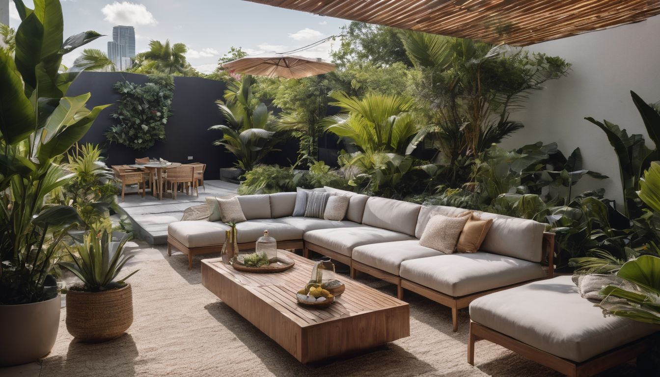 A stylish outdoor lounge area with modern furniture and tropical plants.