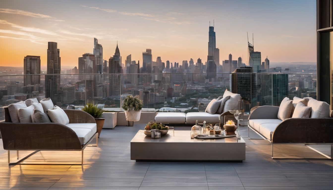 A modern outdoor patio with sleek furniture and a city skyline view.