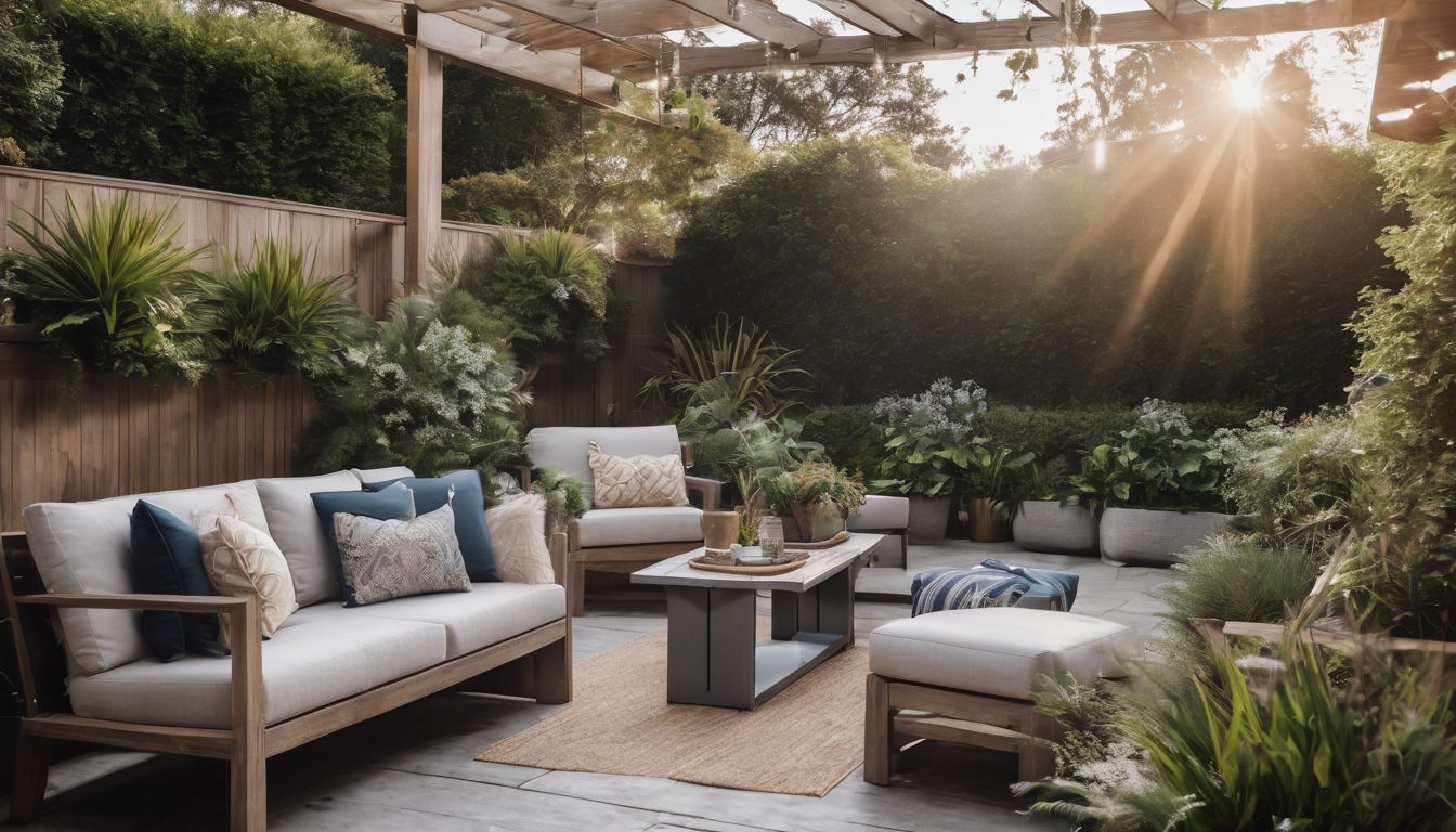 A stunning patio with stylish furniture and vibrant plants.