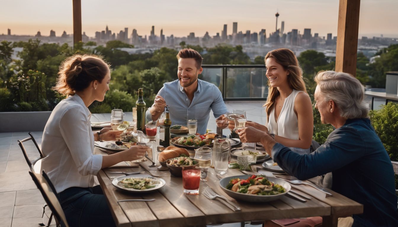 A diverse family enjoys a meal on a modern patio.