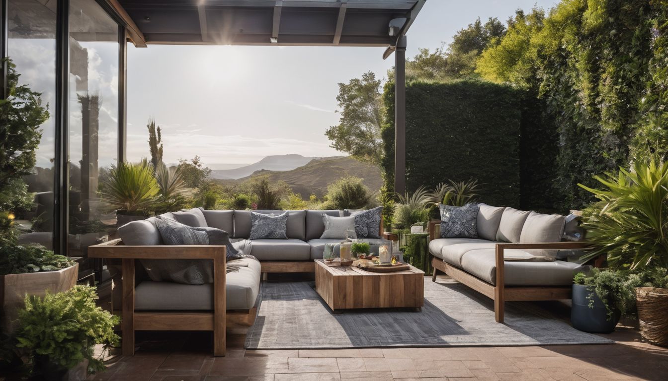 A beautifully arranged patio surrounded by lush green plants and people.