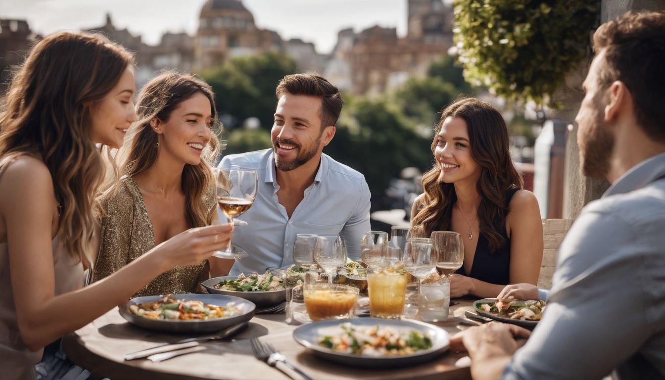 A diverse group of friends enjoy a meal on a stylish patio.