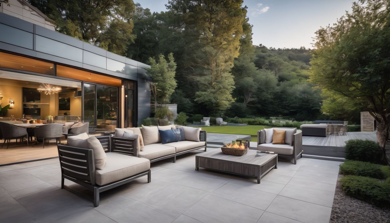 A stylish aluminium patio surrounded by lush greenery and fashionable furniture.