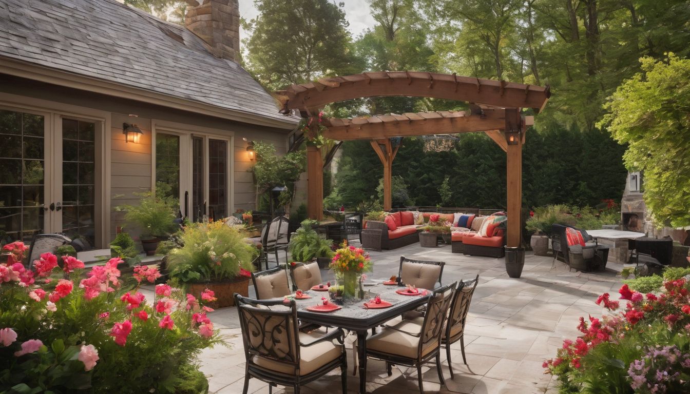 A patio adorned with flowers and comfortable seating, captured in stunning detail.