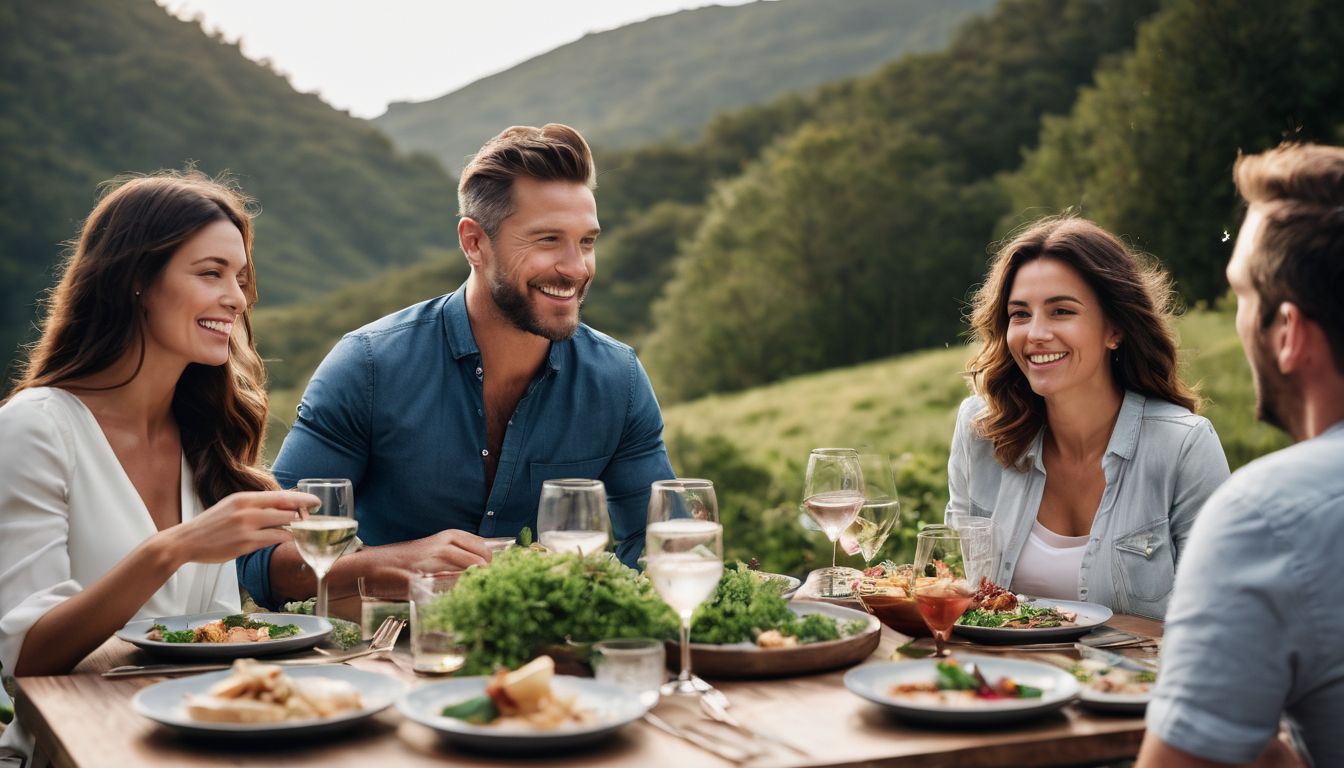 A diverse family enjoying a meal on a stylish patio surrounded by greenery.