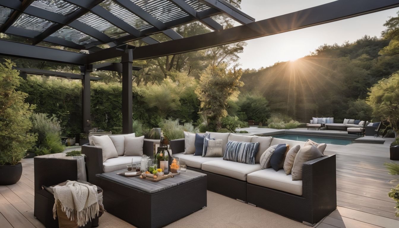 A modern outdoor living space surrounded by greenery and a patio set.