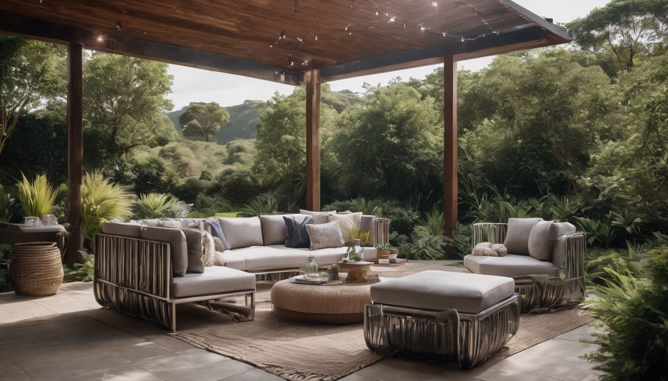 A stylish outdoor lounge area surrounded by lush greenery.