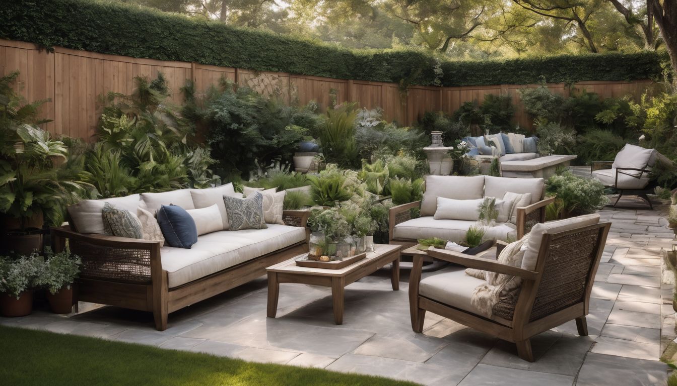 A beautifully decorated backyard patio with aluminium furniture and lush green plants.