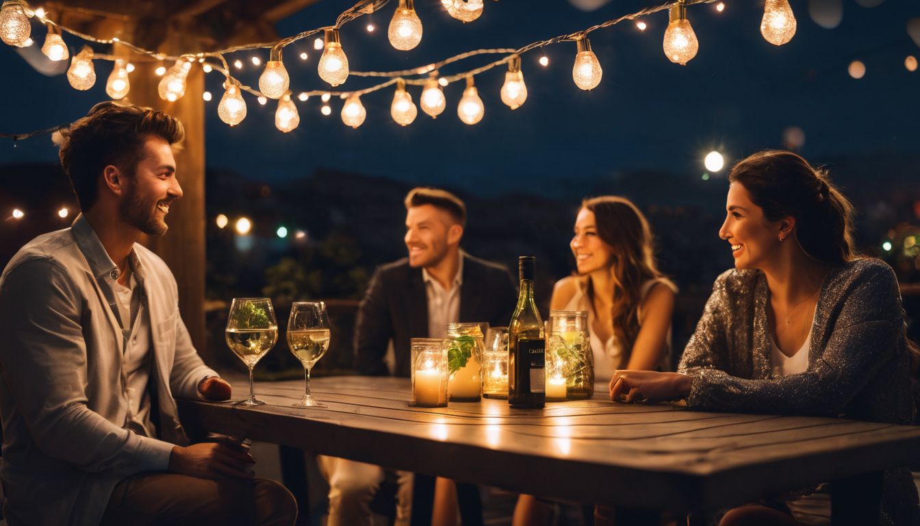 A vibrant outdoor patio with string lights and lanterns.