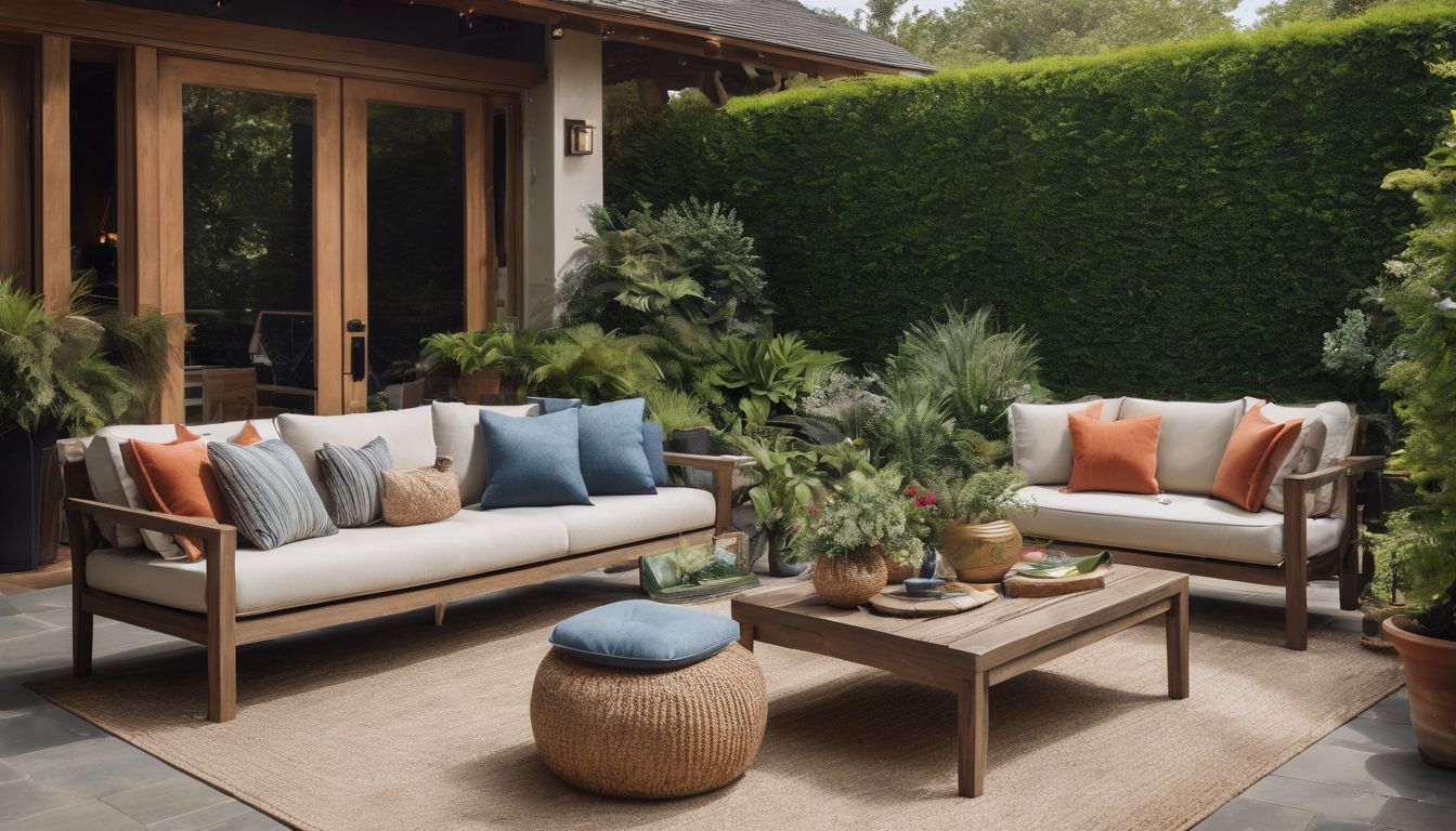 A stylish patio set surrounded by lush green plants and accessories.