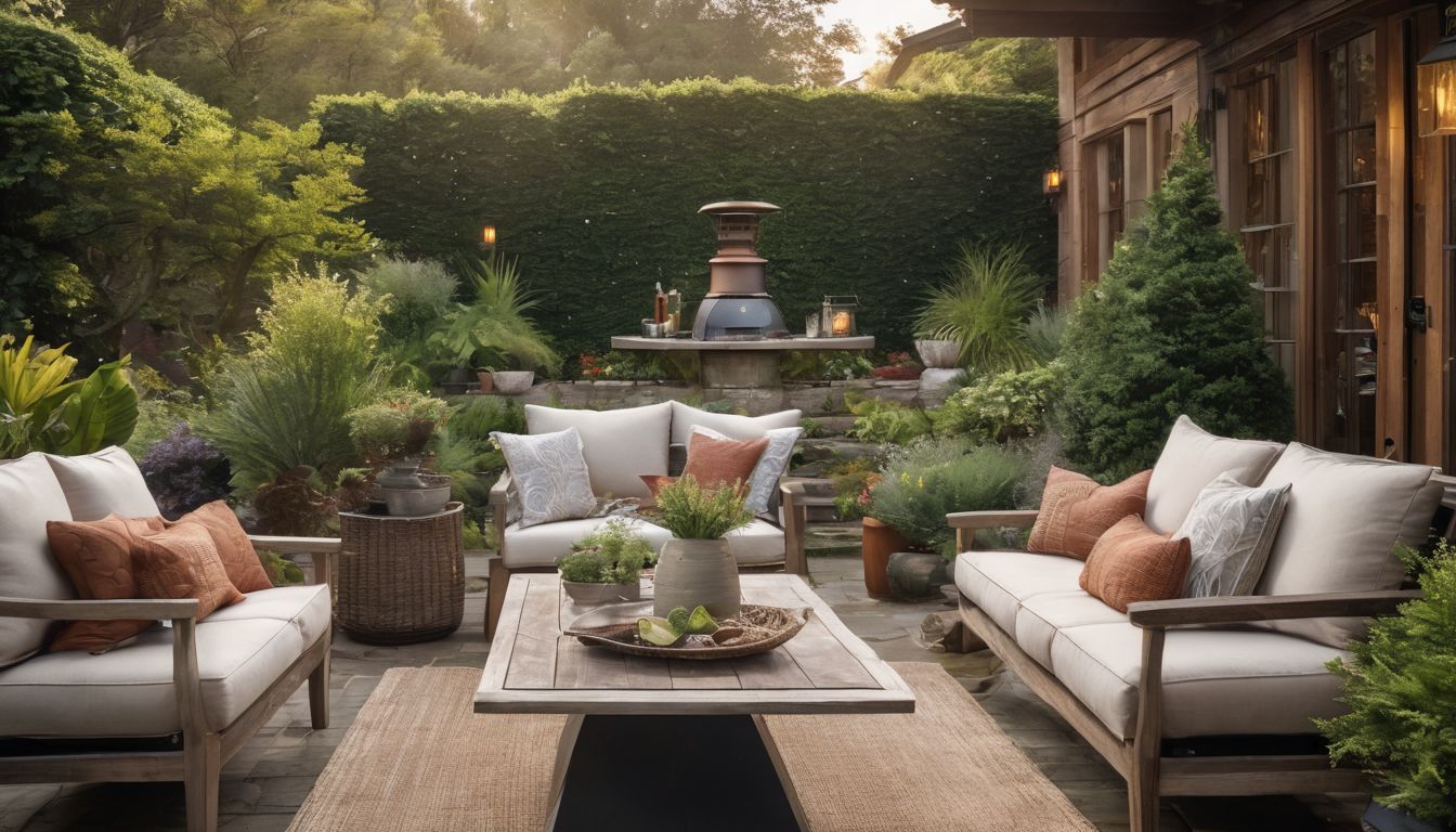 An inviting patio with cosy furniture, surrounded by lush green plants.