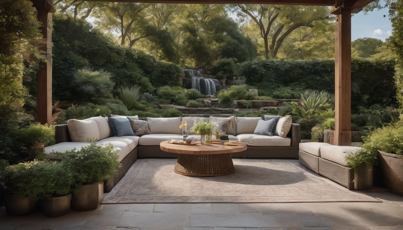 A luxurious outdoor patio with comfortable seating surrounded by greenery.