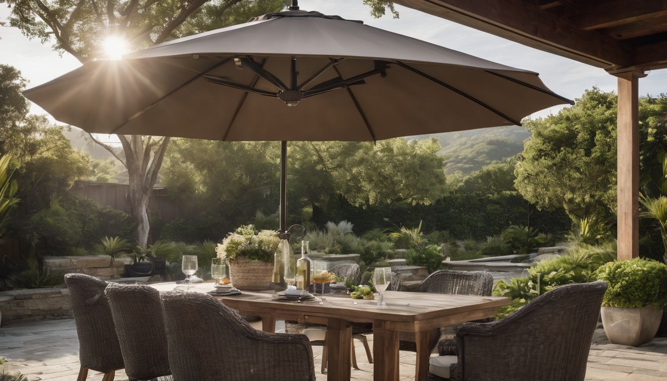 A photo of an outdoor dining set surrounded by lush greenery.