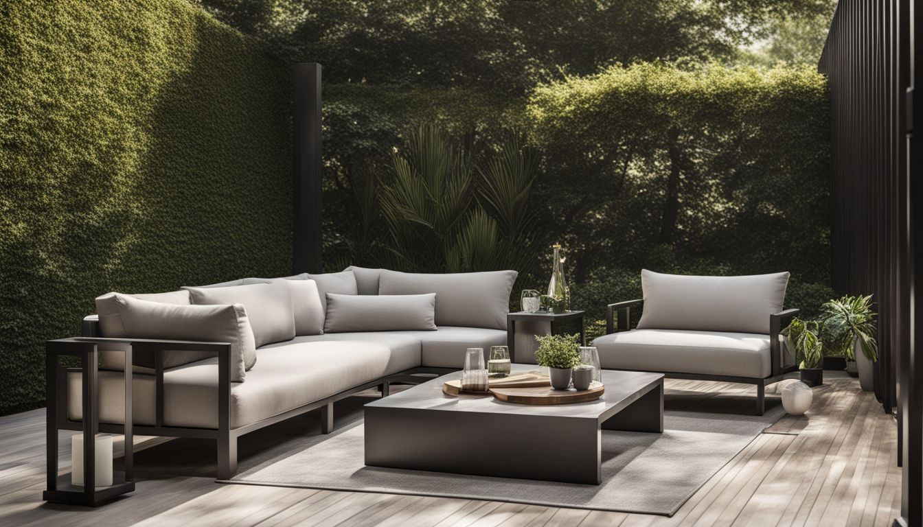 A modern patio set against a backdrop of lush greenery.