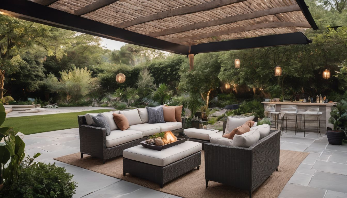 A tranquil outdoor living space surrounded by lush greenery.