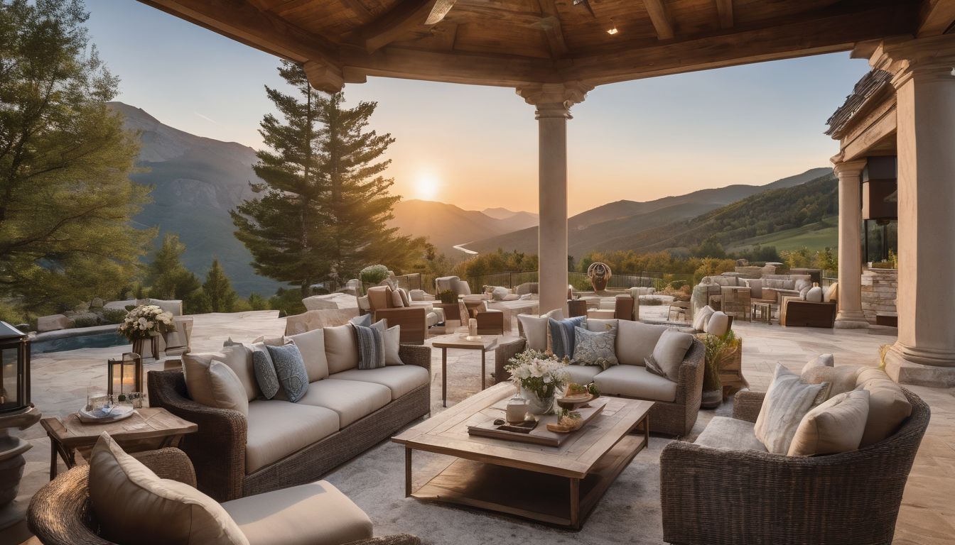 Luxurious outdoor patio with high-end furniture and panoramic landscape view.