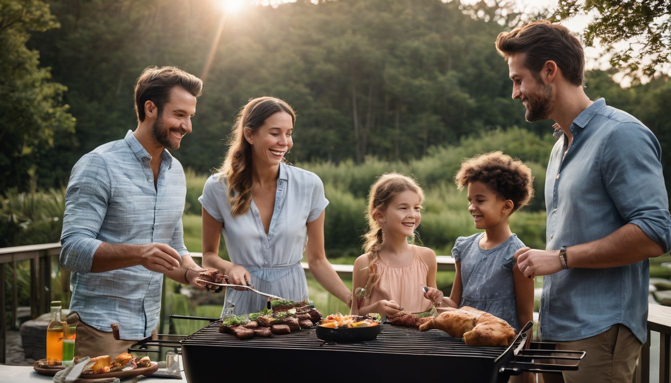 A family enjoying a BBQ on an aluminium patio surrounded by nature.