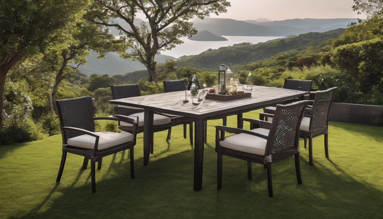 A stylish outdoor patio furniture set surrounded by lush greenery.