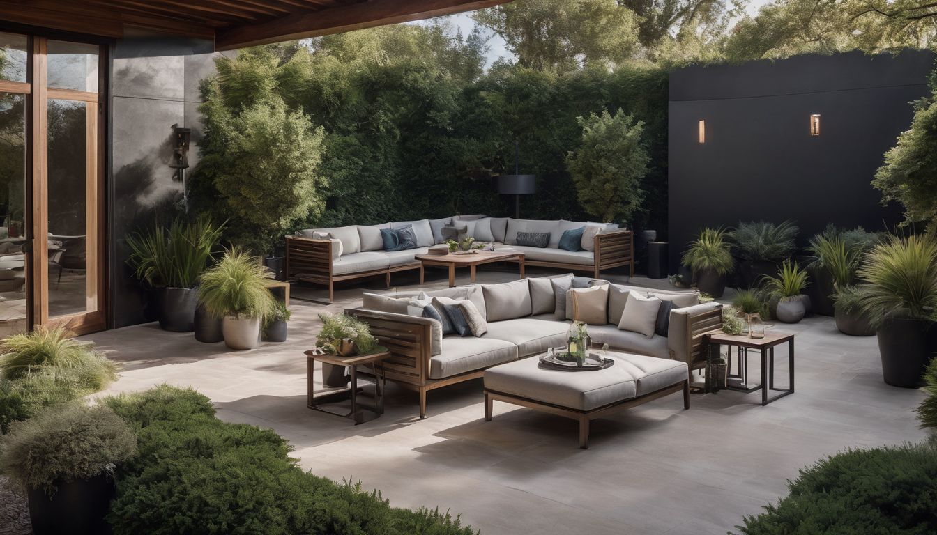 A trendy outdoor patio with stylish furniture and lush greenery.