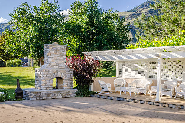 backyard patio with gazebo and a big brick fireplace