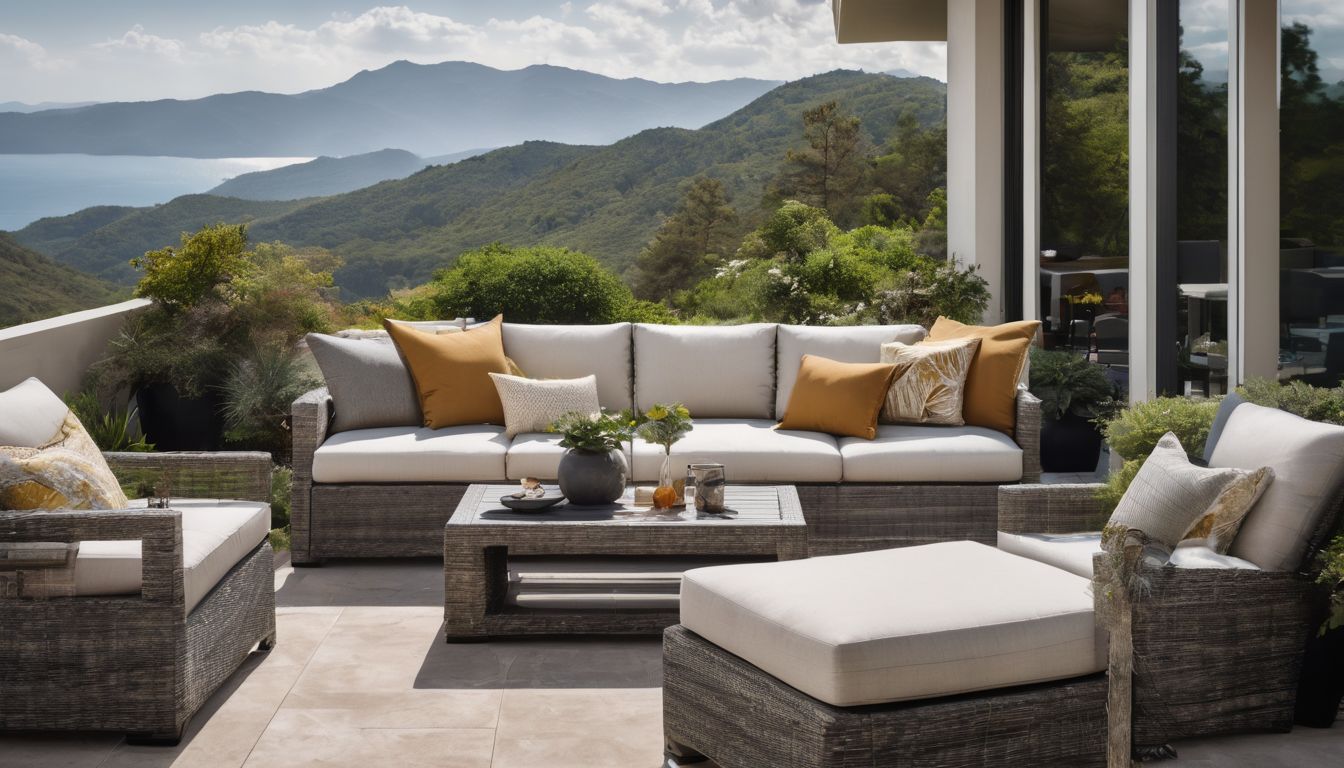 A modern outdoor patio with stylish furniture overlooking a lush garden.