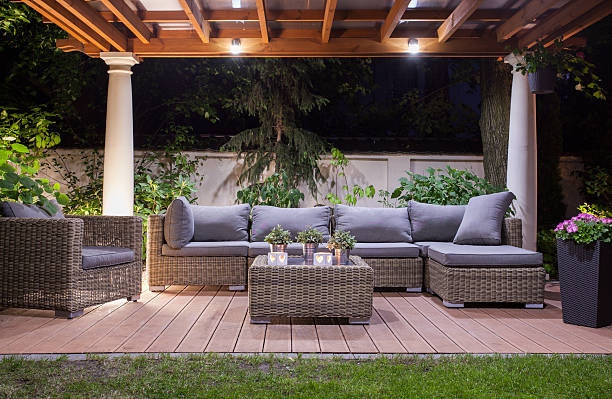 horizontal view of modern patio at night